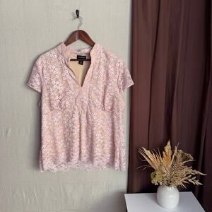 Lane Bryant Blouse Size 18 20 Pink Lace Overlay Layered Beige VNeck Short Sleeve